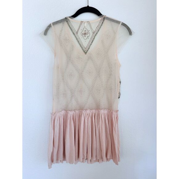 Free People Holiday to India Cap Sleeve Beaded Peplum Semi Sheer Top in Pink S - Picture 5 of 14